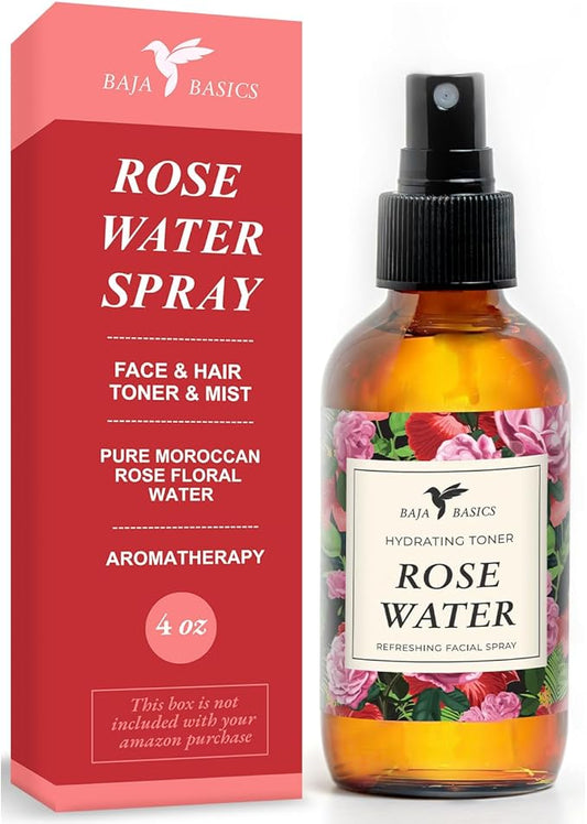 Rose Water Spray for Face by Baja Basics - Pure, Organic Facial Toner for Hair and Aromatherapy Large 4 oz
