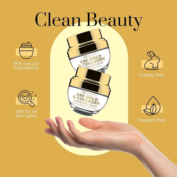 Clear Beauty 24K Gold & Collagen Day/Night Moisturizer Set - Dermatologist Tested, Hydrating, Anti-Aging Cream, Natural Ingredients, Cruelty Free Korean Skin Care, All Skin Types - Value Pack