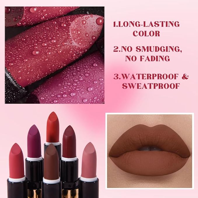 evpct 6Pcs Mauve Maroon Ruby Bright Red Brown Plum Purple Matte Lipstick Set, Matte Ceamy Soft Lipsticks Set for Women Long Lasting Waterproof, Vegan Cruetly Free Lipstick Pack 24 hrs original labiale