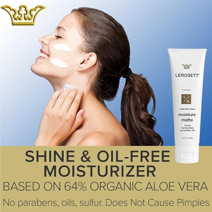 LEROSETT Oil-Free Moisturizer for Acne, Moisture Matte for Oily & Sensitive Skin, Vegan Moisturizer, Lightweight & Aloe-Based with Vit-B5 + 7 Soothing Herbals, Non-comedogenic, Fragrance Free - 3 oz