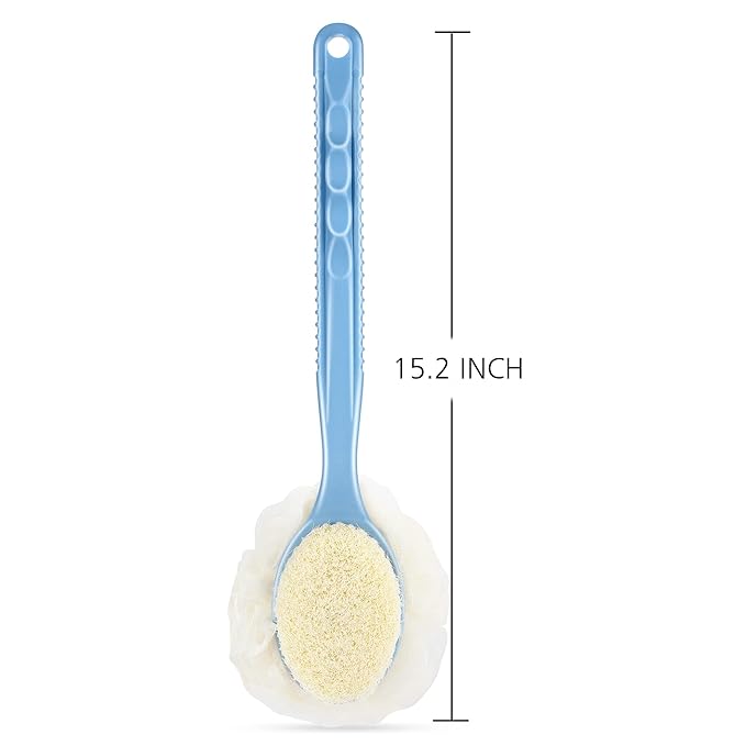 Shower Body Brush with Bristles and Loofah,Back Scrubber Bath Mesh Sponge with Curved Long Handle for Skin Exfoliating Bath, Massage Bristles Suitable for Wet or Dry, Men and Women (Blue)