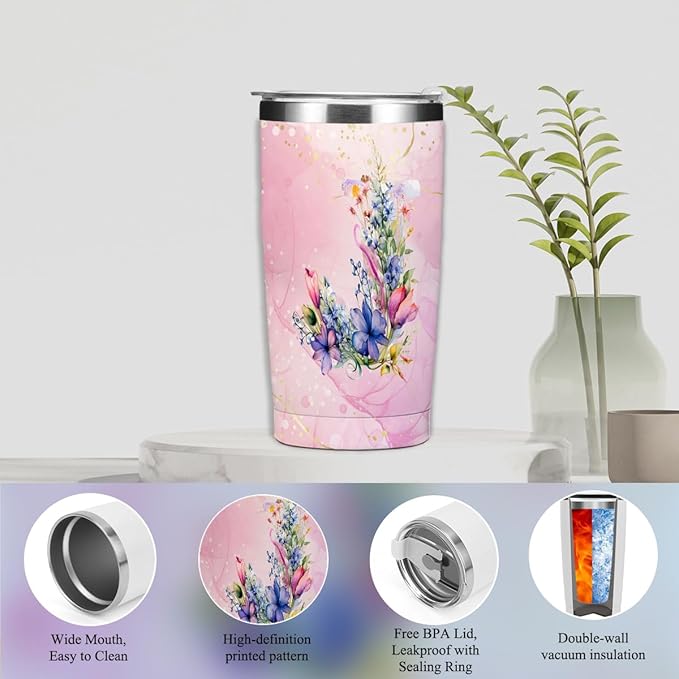 Personalized Gifts Monogrammed Birthday Gifts for Women, Maid of Honor Bachelorette Wedding Christmas Initial 20 oz Tumbler, Makeup Bag Cup Pens Journal Notebook 6 Set, (Aesthetic Pink Flower J)