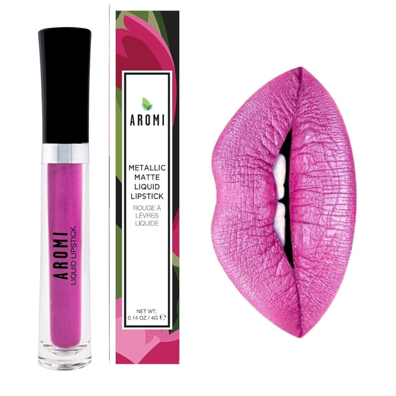 Aromi Metallic Liquid Lipstick | Long-lasting, Fuchsia, Pink Lip Color with Shimmery Finish, Waterproof, Vegan, Cruelty-free, Handmade (Moody Magenta)