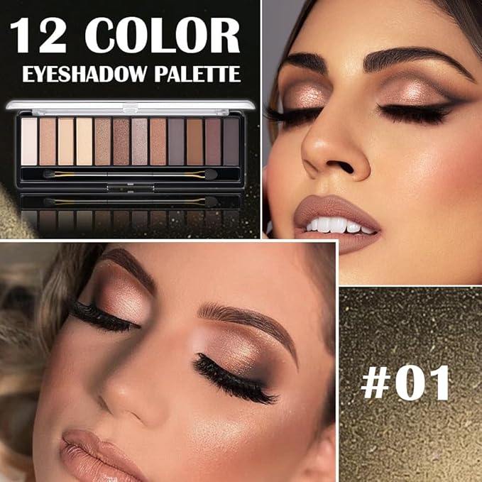 12 Colors Eyeshadow Palette β Neutral Warm Tone Matte & Glitter Eye Makeup Palette, High Pigment Waterproof Eyeshadow Kit for Women β Blendable Natural Brown, Nude, Rose Gold Shimmer Makeup 01#
