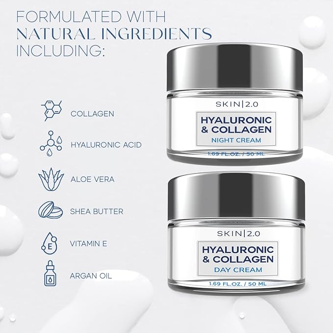 Hyaluronic Acid & Collagen Day & Night Face Moisturizer - Dermatologist Tested, Hydrating, Anti-Aging, Clean Beauty, Cruelty-Free, Korean Skincare for All Skin Types - 1.69 Fl oz (2-Pack)