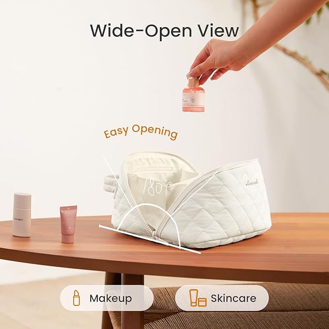 LOVEVOOK Travel Makeup Bag for Women, 2Pcs Set Puffer Waterproof Cosmetic Organizer, Large Capacity Pouch Open Flat Toiletry Bag with Divider & Handle, Portable Gift for Her, Green