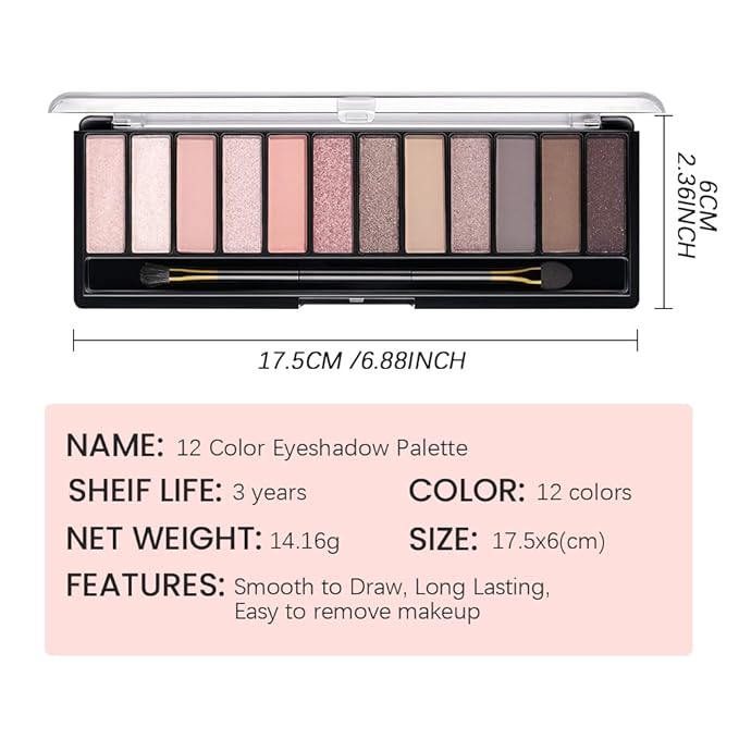 12 Colors Eyeshadow Palette β Soft Pink, Mauve & Neutral Tones with Matte, Shimmer & Glitter Finishes β Blendable Long-Lasting Waterproof Eye Makeup Palette β Romantic Lavender & Champagne Glow 02#