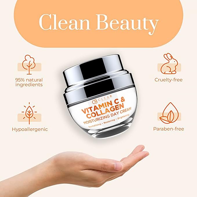 Clear Beauty Vitamin C & Collagen Daily Face Moisturizer - Dermatologist Tested, Restores & Brightens Skin Tone, Firming, Anti-Aging Cream, Cruelty-Free Korean Skin Care, All Skin Types - 2 Pack