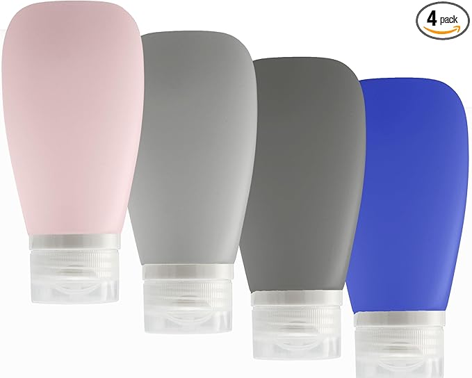 Travel Bottles for Toiletries, TSA Approved 3oz Leak Proof Silicone Refillable Squeeze Travel Size Containers BPA Free for Cleansers, Lotions, Shampoo 4pk color (P,G,Blk,Blue)