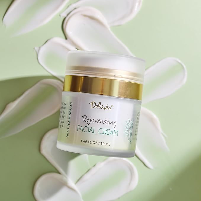 Deluvia Rejuvenating Facial Cream | Organic Aloe Vera, Coconut Oil, Vitamin C + E | Dead Sea Minerals | Daily Face Lotion for Dry Skin, Sensitive Skin