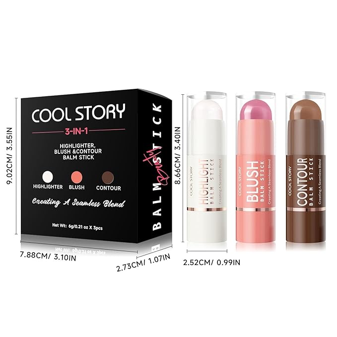 3-in-1 Highlighter,Blush and Contour Sticks Trio with Highlighter Stick Contour Stick and Blush Stick for Cheeks and Face Makeup (Set A Fair)