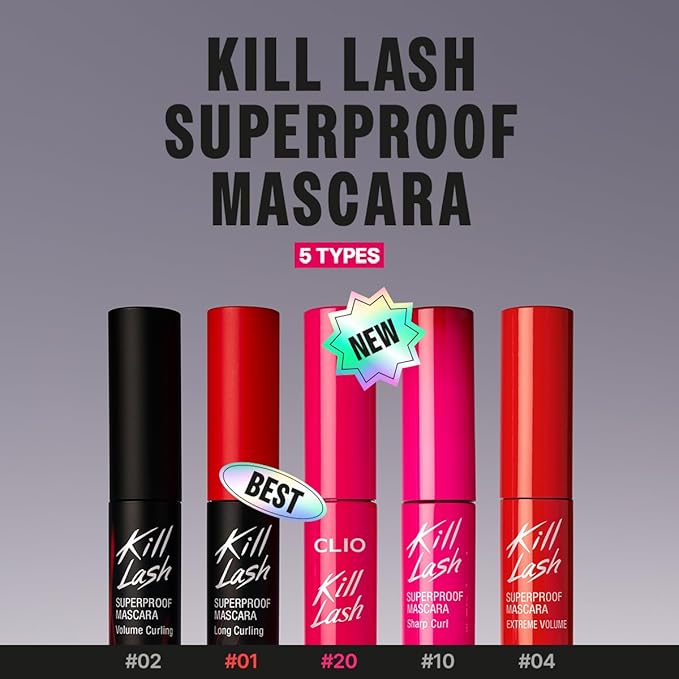 CLIO Kill Lash Superproof Mascara, Waterproof Mascara Black, Lifting & Lengthening, Precision Eyelash Curl, Long-Lasting, Clump & Smudge-Free, for Sensitive Eye, Korean Makeup Beauty (020 Bouncy Lash)
