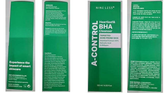 NINELESS A-Control Heartleaf & BHA Cleanser – Korean Exfoliating Face Wash with Salicylic Acid for Clear Skin – Blackhead Remover, Deep Pore Cleansing, 4.05oz.