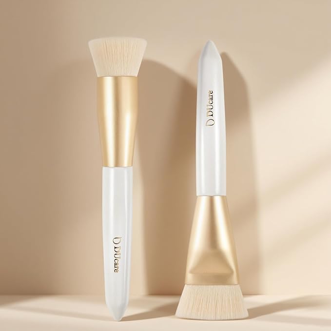 Ducare Foundation Bursh and Contour Brush Makeup Brushes Set 2Pcs, Premium Flat Top Kabuki Contouring Brush For Blending & Buffing Fluffy Large Makeup Brush With Soft Synthetic Bristles