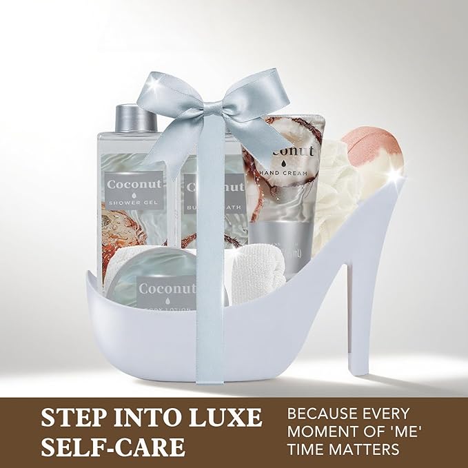 Tropical Coconut Gifts for Women Spa Basket, High Heel Bath Set with Shea Butter & Exotic Oils, Mother's Day Gifts for Mom, Her, Wife
