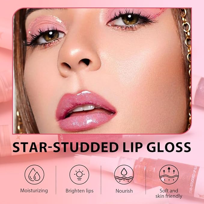 evpct 1Pcs Warm Pink Blush Red Pearlescent Shine Shimmer Glitter Lipstick Lip Gloss, Metallic Sparkly Sparkle Glossy Lip Gloss Tint Stain Liquid Lipsticks Makeup Set for Women Long Lasting Waterproof