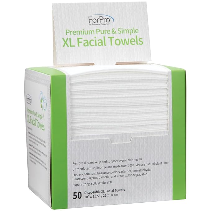 ForPro Premium Pure & Simple XL Facial Towels, Disposable Makeup Remover Dry Wipes, Ultra Soft Lint-Free Biodegradable Face Towels, 100% Vegan & Cruelty-Free, 50-Count