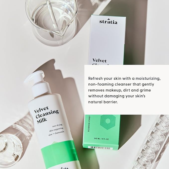 Stratia Velvet Cleansing Milk - Gentle Cream Face Cleanser, Moisturizing & Non-Foaming with Chamomile, Olive Oil & Aloe Vera, 16 Fl Oz