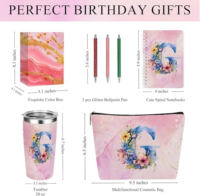 Personalized Gifts Monogrammed Birthday Gifts for Women, Her Employee Housewarming Christmas Initial 20 oz Tumbler, Makeup Bag Cup Ballpoint Pens Journal Notebook 6 Set, (Aesthetic Pink Flower G)