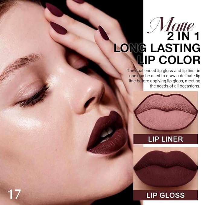 1Pcs 2 in 1 Deep Red Matte Lip Liner and Liquid Lipstick Stain Makeup Set for women, Red Long Lasting Smudge Proof Lip Tint Matte Finish Lip Gloss for All-Day Color Hold Easy to Use 17#