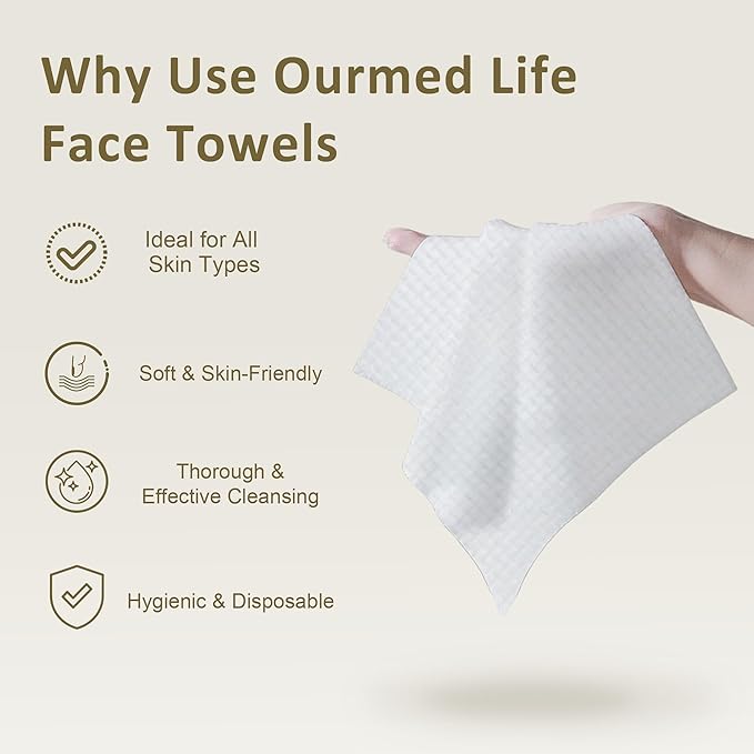 Ourmed Life Face Towels, Disposable Biodegradable Facial Towels for Sensitive Skin, Lint- free Face Wipes for Washing Face, Skincare and Makeup Remover, Dry Wipes, 10"×12" Extra Large, 100 Count