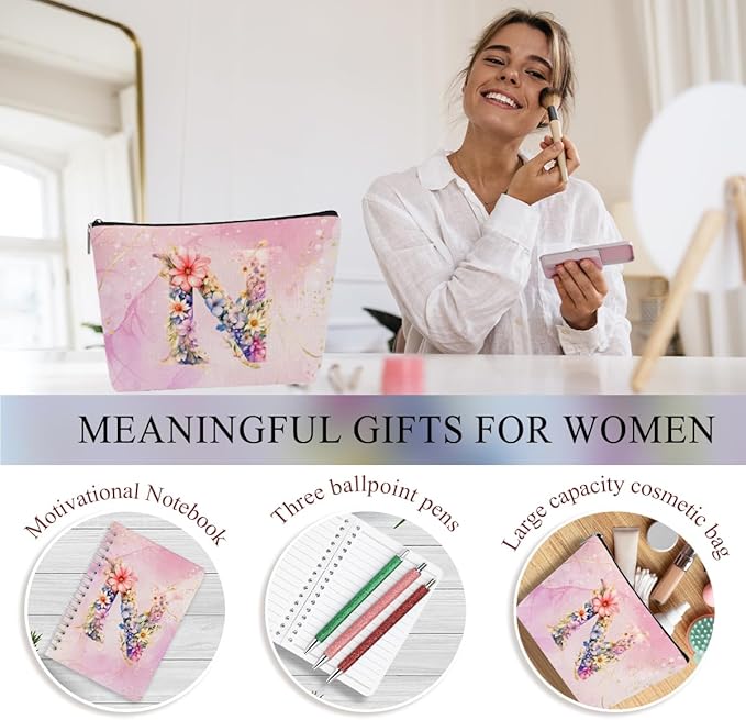 Personalized Gifts Monogrammed Birthday Gifts for Women, Colleague, Female Farewell Christmas, Initial 20 oz Tumbler, Makeup Cosmetic Bag Cup Pens Journal Notebook 6 Set, (Aesthetic Pink Flower N)