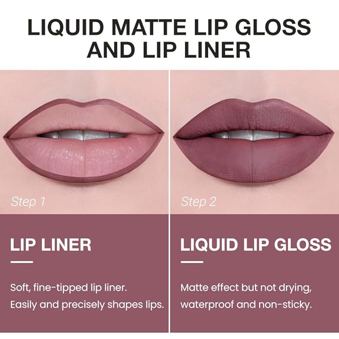 AMY'S DIARY 2pcs Matte Purple Red Lip Liner & Lipstick Makeup Set, Liquid Lipstick 24H and Lip Liner Set Matt Liquid Lips Make Up Waterproof Long Lasting (08#, 2 Pcs Set)