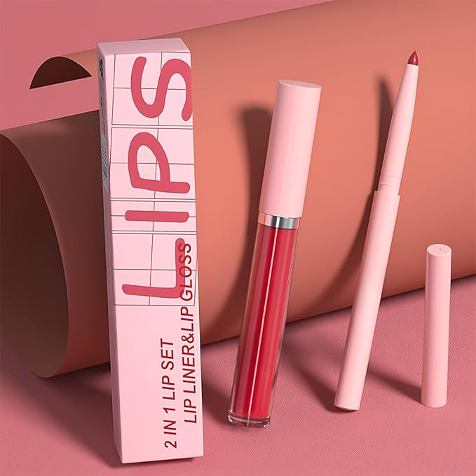 AMY'S DIARY 2pcs Matte Red Lip Liner & Lipstick Makeup Set, Liquid Lipstick 24H and Lip Liner Set Matt Liquid Lips Make Up Waterproof Long Lasting (07#, 2 Pcs Set)