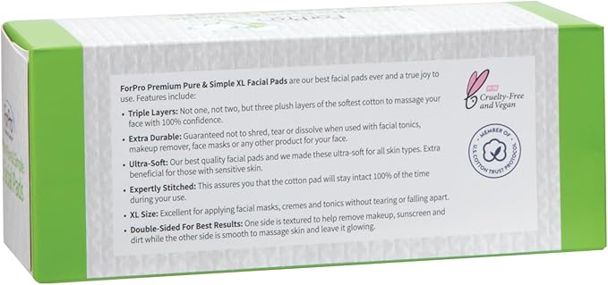 ForPro Premium Pure & Simple XL Facial Pads, Triple Layered Ultra Soft Disposable Makeup Remover Pads, 100% Vegan & Cruelty-Free, 60-Count