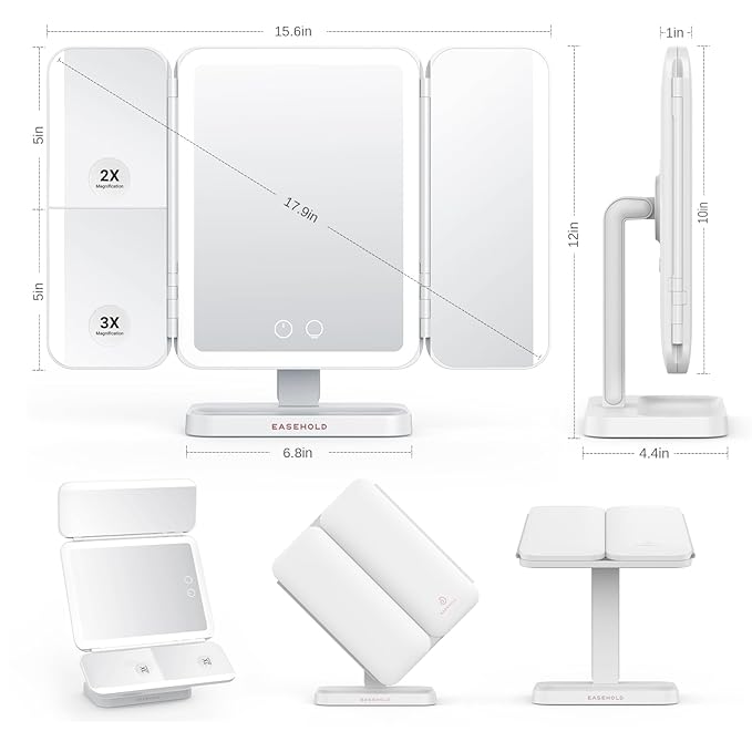 EASEHOLD Makeup Mirror with Lights, Rechargable Lighted Vanity Mirror with 116 LEDs, 1X/2X/3X Magnifying, 3-Color Mirror with LED Lights,5000 mAh Lighted Makeup Mirror, Adjustable Brightness/Angle