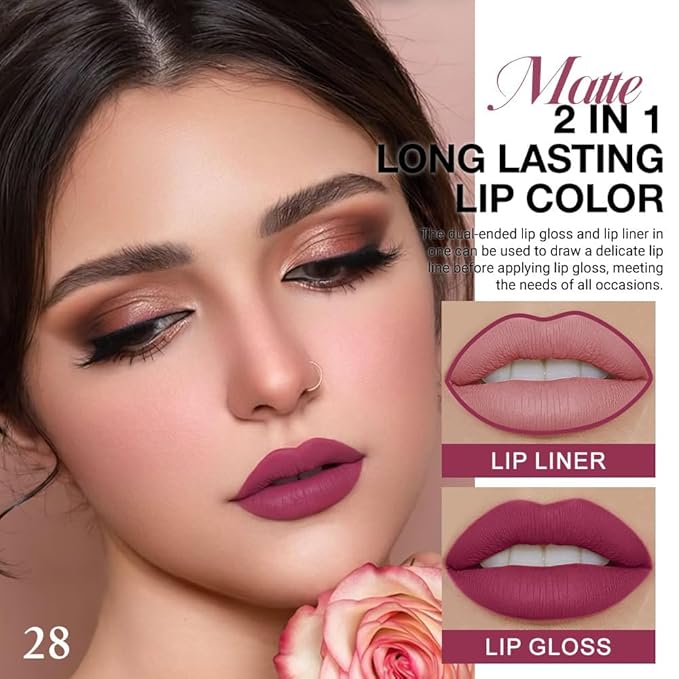 1Pcs 2 in 1 Rose Plum Matte Lip Liner and Liquid Lipstick Stain Makeup Set for women, Rose Long Lasting Smudge Proof Lip Tint Matte Finish Lip Gloss for All-Day Color Hold Easy to Use 28#