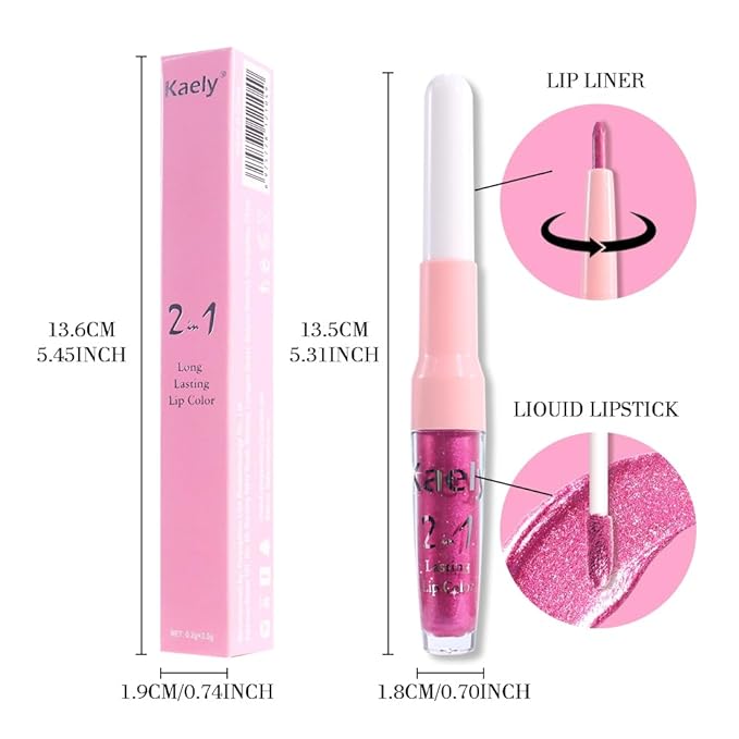 Kaely 2-in-1 Rose Metallic Lipstick and Lip Liner, Shimmer Liquid Metallic Lipsticks for Women, Glitter Lip Gloss Stain Long Lasting Waterproof Smudge Proof 24 Hour, Vegan Makeup, 15