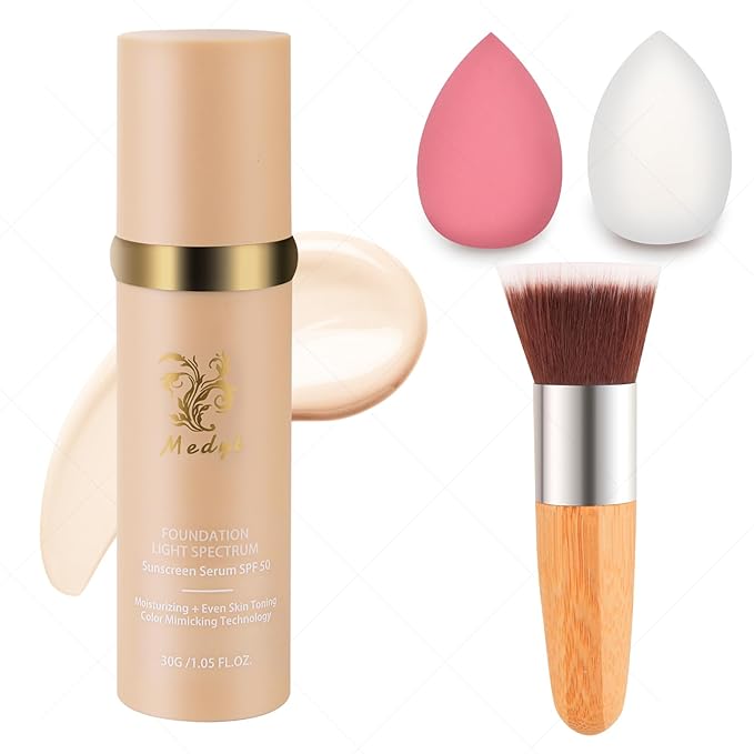 Foundation Light 4-in-1 Color-Shifting Spectrum Foundation Concealer, Long-Lasting, Skincare, Suitable for Various Skin Types, Set Includes Foundation Brush and Sponge