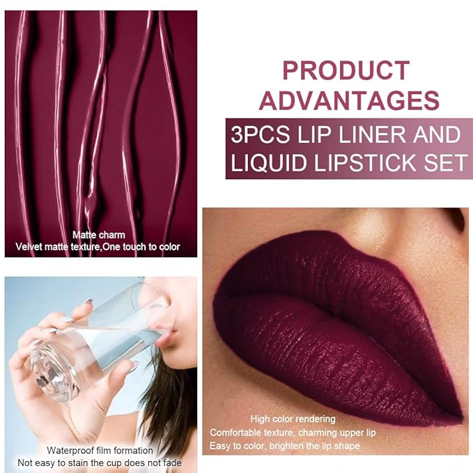 3Pcs 2 in 1 Dark Deep Red Purple Plum Black Cherry Lip Liner and Liquid Lipstick Stain Makeup Set for women, Long Lasting Smudge Proof Lip Tint Matte Finish Lip Gloss for All-Day Color Hold, Set11