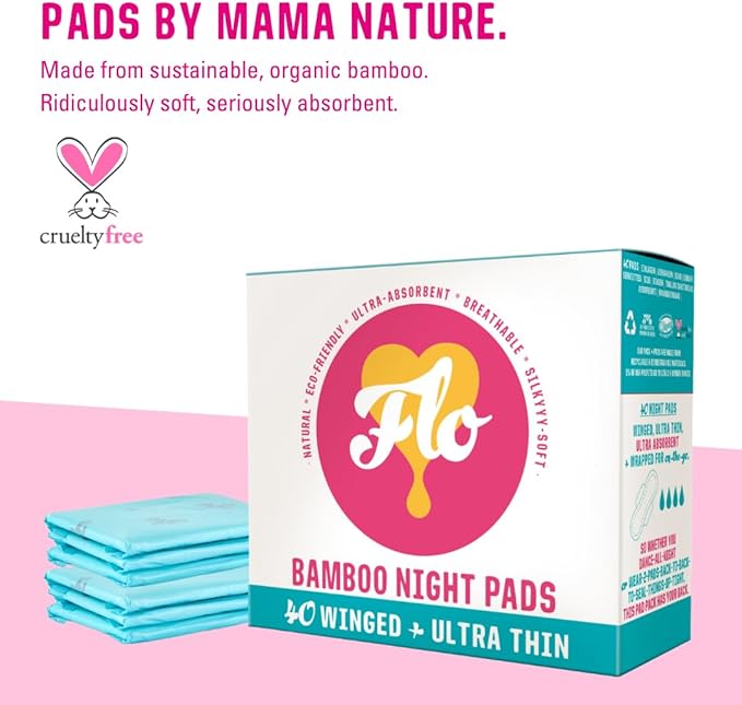 Flo Bamboo Night Period Pads with Wings (40 Pads) - Super Absorbent, Soft, Thin