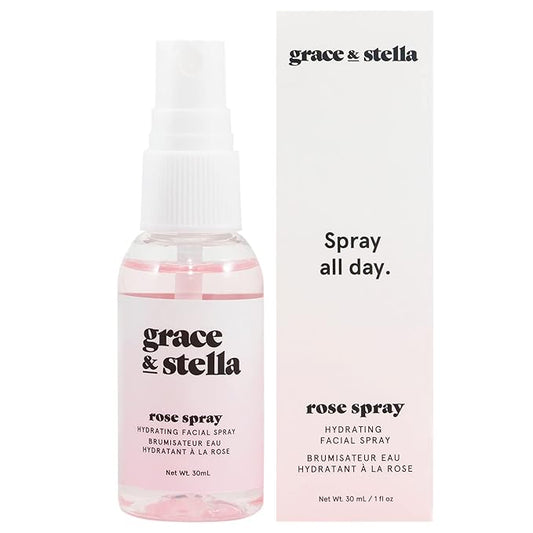 grace & stella Award Winning Rose Water Spray for Face with Glycerin & Aloe Vera - Travel Size (30ml) - Rosewater Face Mist for All Skin Types - Hydrating, Calming, Rejuvenating Facial Toner - Vegan