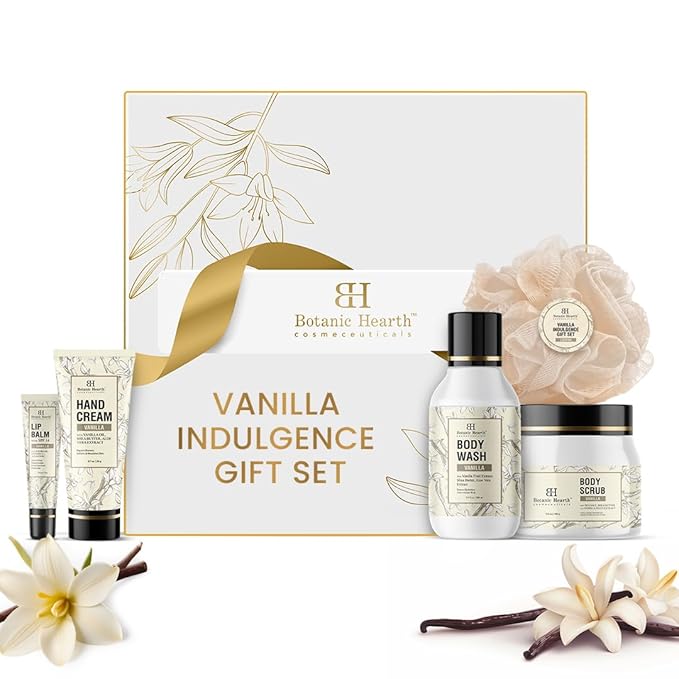 Gift Set For Women & Men | Vanilla Body Scrub, Body Wash, Hand Cream, Lip Balm, Loofah | 5 Piece Set | Birthday, Wife, Girlfriend, Sister | 10.2 Fl Oz