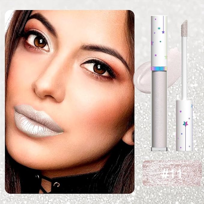 evpct 1Pcs Silver White Metallic Glitter iridescent Liquid Lipstick for Women Long Lasting Waterproof 24, Gray Silver frosted Metallic Glitter Shimmer Chrome Lipsticks Lip Gloss Stains Makeup Set, 11