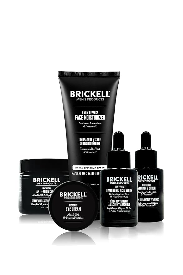 Brickell Men's Complete Defense Anti Aging Routine, Night Face Cream, Vitamin C Day and Night Serum, Facial Moisturizer w/SPF and Eye Cream, Natural and Organic, Scented, Skin Care Gift Set