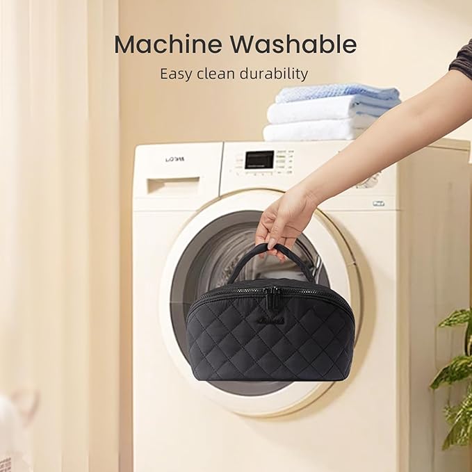 LOVEVOOK Travel Makeup Bag for Women, 2Pcs Set Puffer Waterproof Cosmetic Organizer, Large Capacity Pouch Open Flat Toiletry Bag with Divider & Handle, Portable Gift for Her, Green