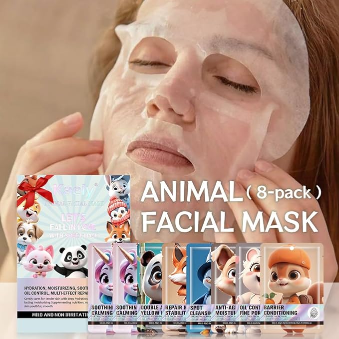 Kaely 8 Pack White Sheet Masks, Face Masks for Kids Teens Skin Care, Soothe Facial Mask for All Skin Types, Girls Night Skincare Spa Party, Birthday Gifts for Women Men, Set01