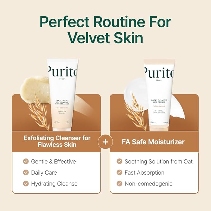 PURITO Oat Velvet Duo, Calming Gel Cream & Exfoliating Facial Polish, Non-comedogenic Formula, Moisturizer, Cleanser, Mild Korean Skincare for All Skin Types 3.38+5.07 fl.oz