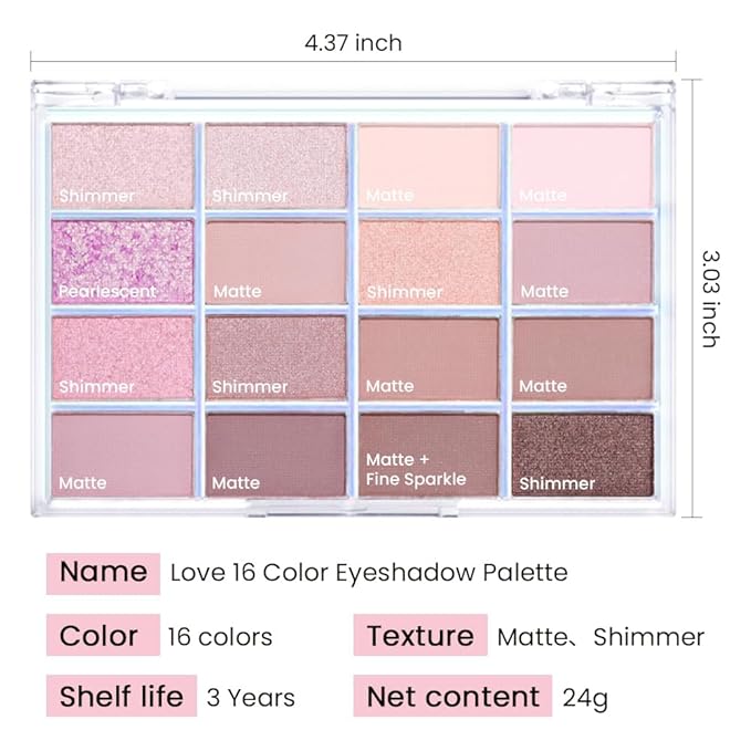 16Colors Light Purple Pink Brown Nude Basics Matte Eyeshadow Palette,Eye Shadow Travel Makeup Palette all in one Long Lasting Waterproof,Great for Travel Gift Kit