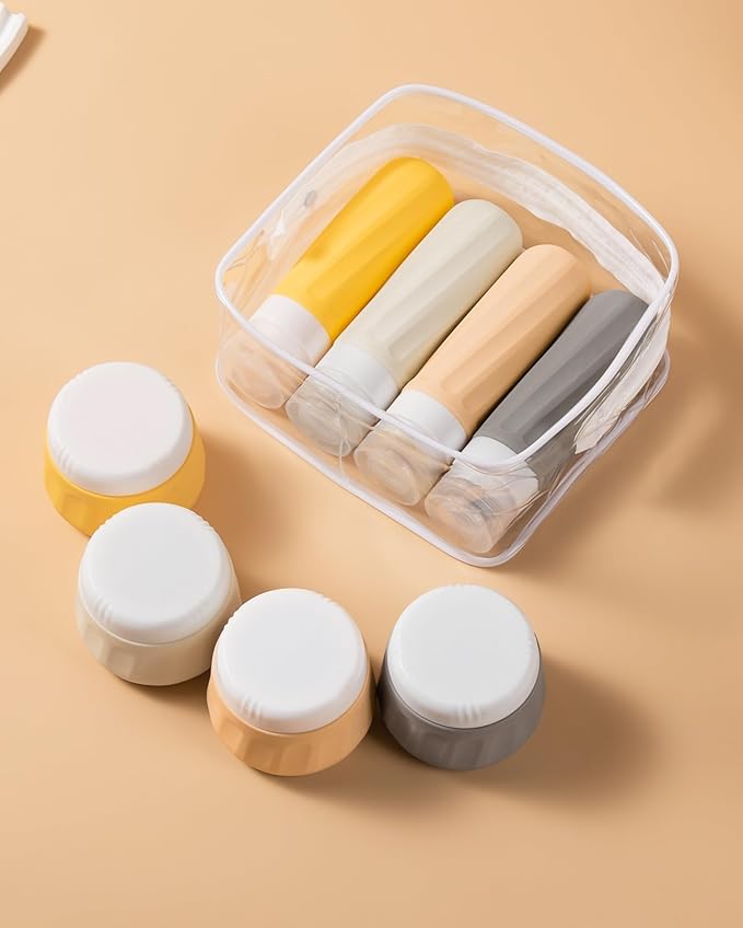 Travel Bottles for Toiletries 8 Pack, Travel Size Toiletries, Tsa Approved Travel Size Containers 3oz, with Travel Essentials Clear Bag, Leak Proof Silicone Squeezable Creams Jars