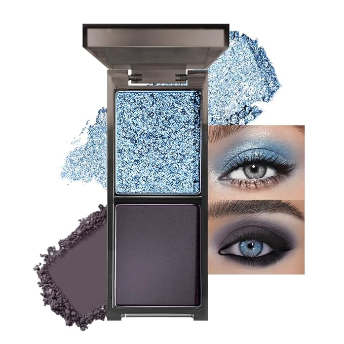 Blue Black Two Color Matte Shimmer Glitter Eyeshadow,Bright Eye Shadow Powder,Professional Long-Lasting Waterproof Makeup Palette,Blendable,Easy-To-Apply and Compact for Travel