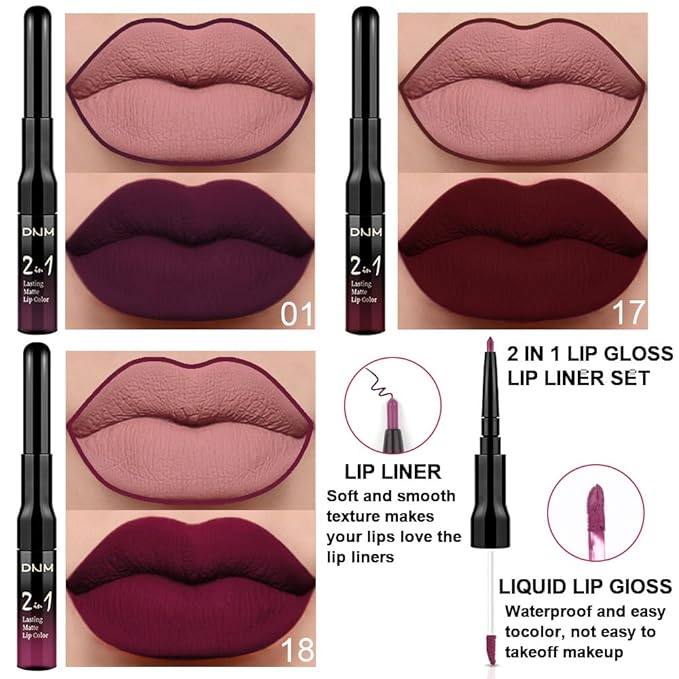3Pcs 2 in 1 Dark Deep Red Purple Plum Black Cherry Lip Liner and Liquid Lipstick Stain Makeup Set for women, Long Lasting Smudge Proof Lip Tint Matte Finish Lip Gloss for All-Day Color Hold, Set11