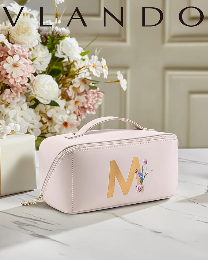 Vlando Mothers Day Gifts,Initial Makeup Bag,Travel Makeup Bag,Teacher Appreciation Gifts Birthday Gifts Bridesmaid Gifts Bride Wedding Gifts Graduation Gifts Valentine's Day Gift(Letter M)