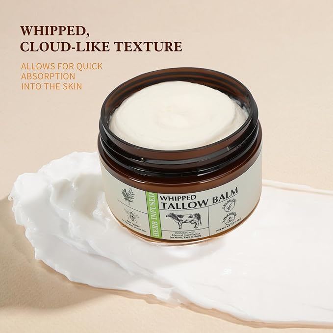 Beef Tallow for Skin 4.6 OZ Whipped Tallow Balm Natural Face and Body Butter with Raw Honey, Herbal Extracts, Grass-Fed Beef Tallow
