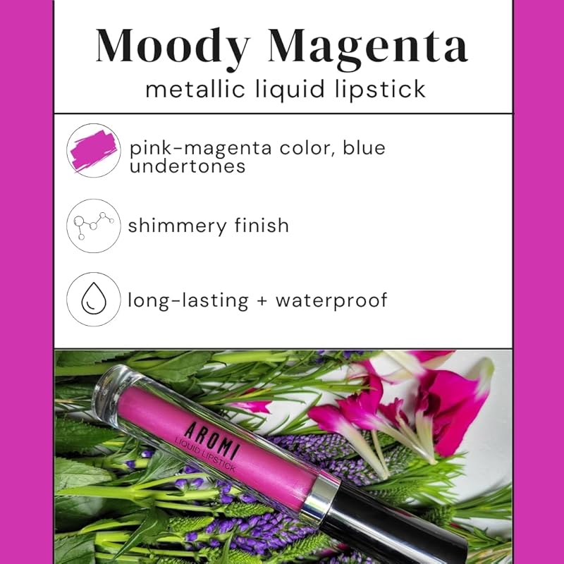 Aromi Metallic Liquid Lipstick | Long-lasting, Fuchsia, Pink Lip Color with Shimmery Finish, Waterproof, Vegan, Cruelty-free, Handmade (Moody Magenta)