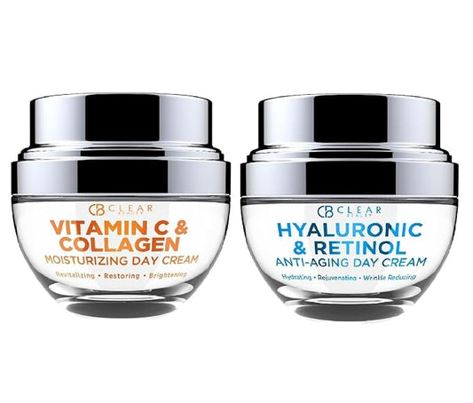 Clear Beauty Vitamin C & Collagen + Hyaluronic Acid & Retinol Moisturizer - Dermatologist Tested, Anti-Aging, Fine Lines & Wrinkles Treatment, Korean Skin Care, All Skin Types - Value Set
